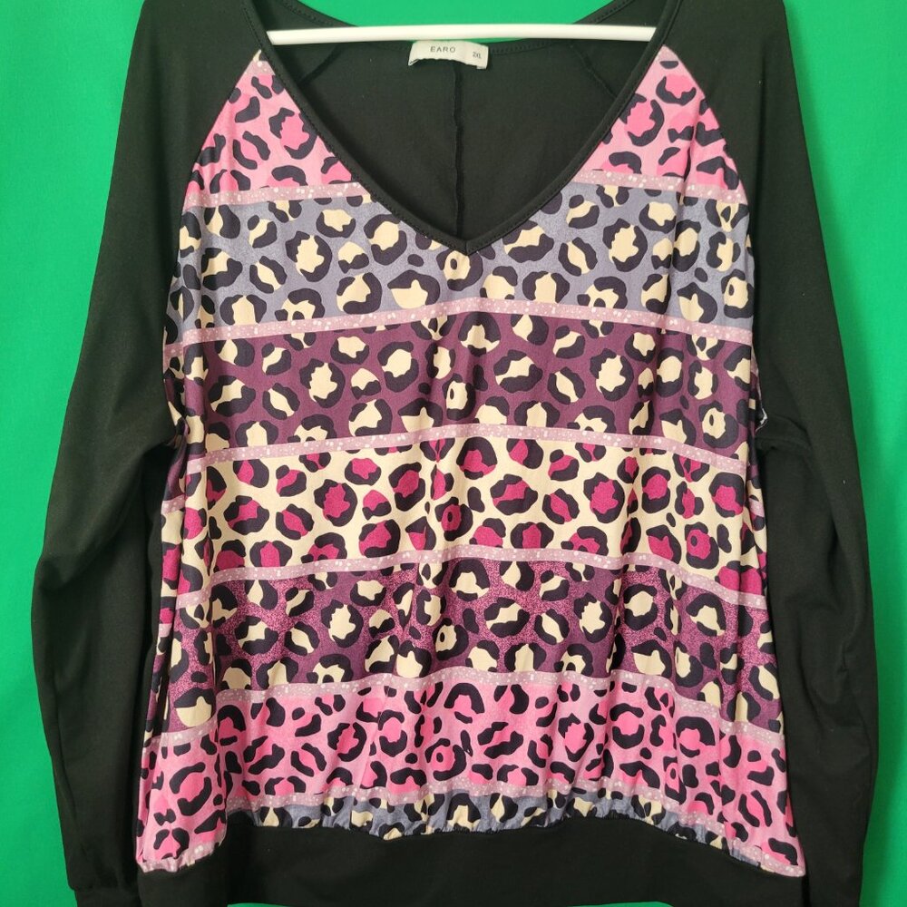 EARO womens sweater shirt long sleeve cheetah animal print size 2x blouse stretc